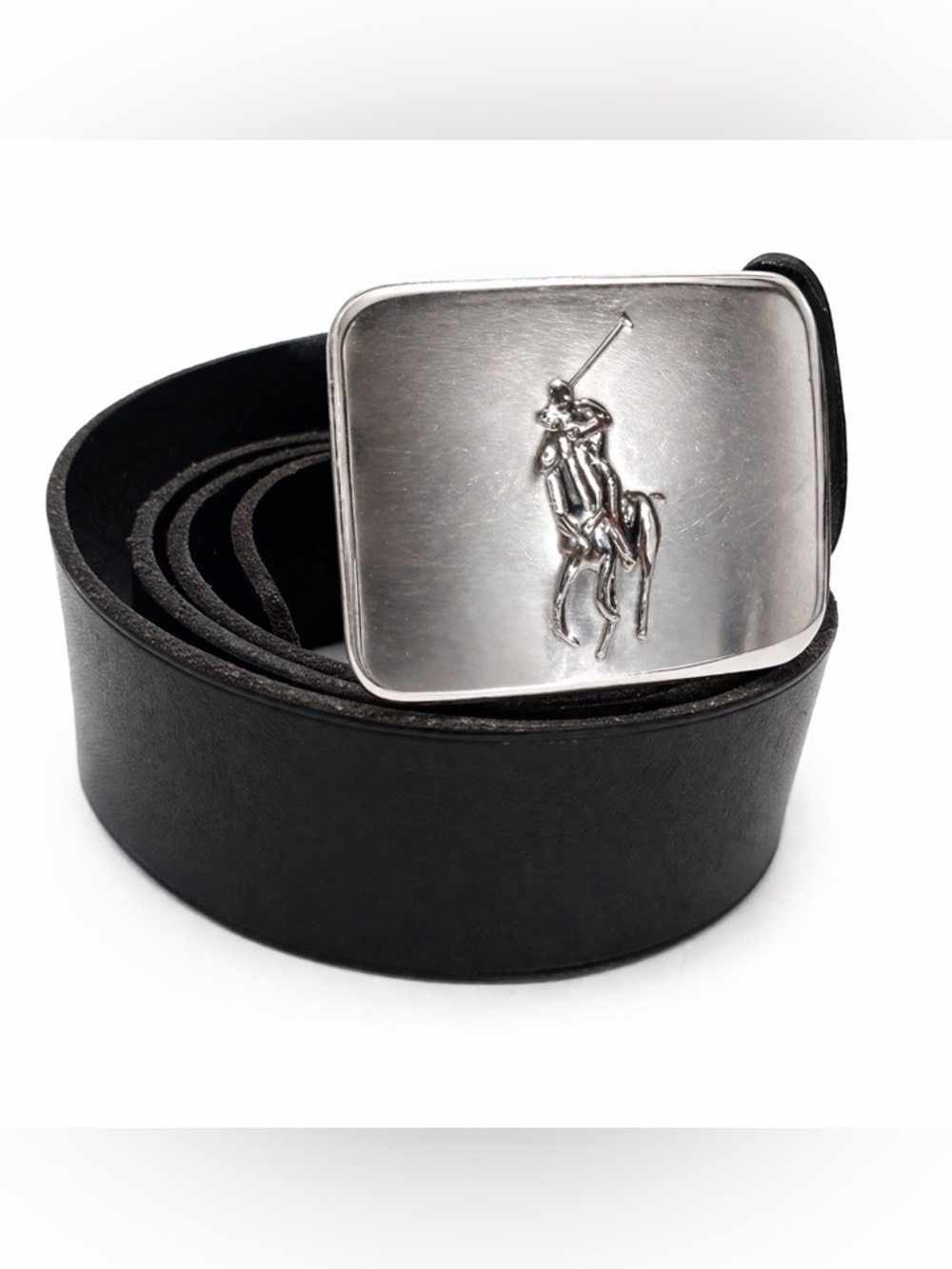 Polo Ralph Lauren Black Leather Belt Silver Pony Buckle Size 42